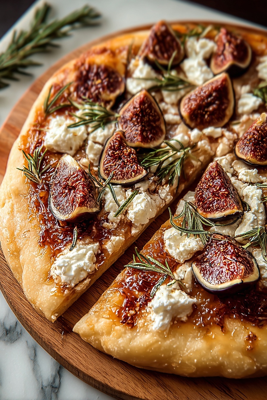 A pizza with figs and feta cheese.