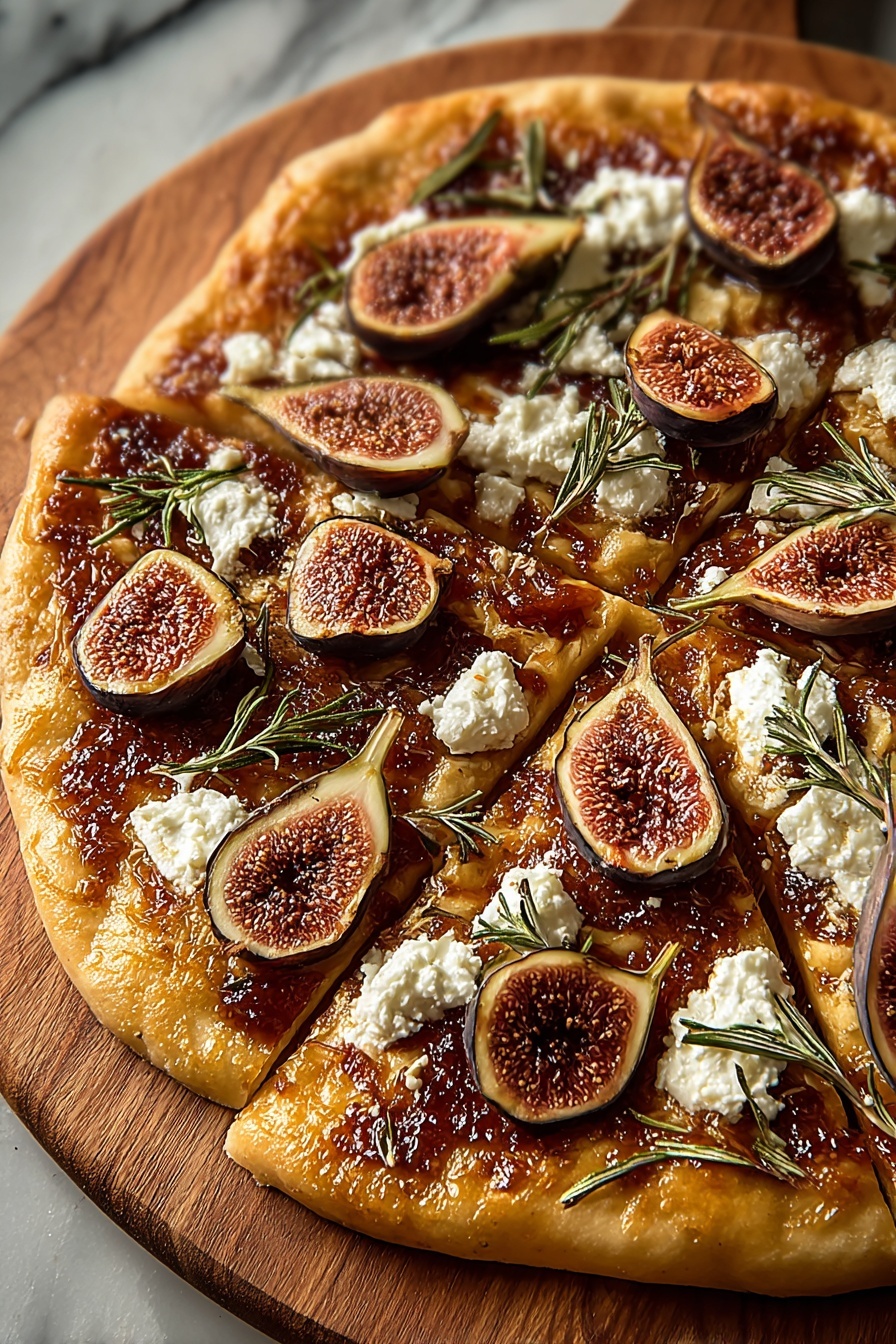 A pizza with figs and feta cheese.