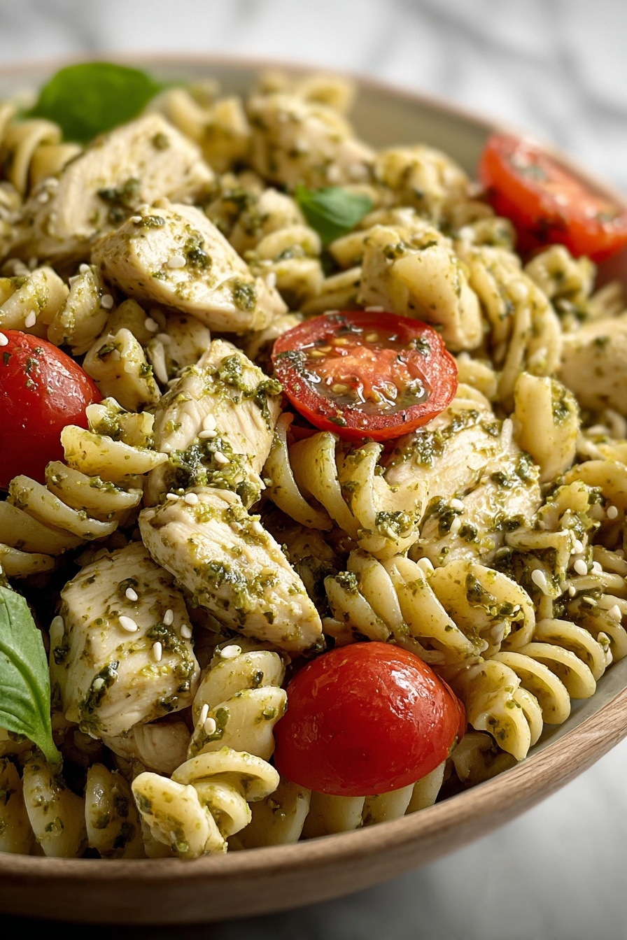 A bowl of chicken pesto pasta salad.