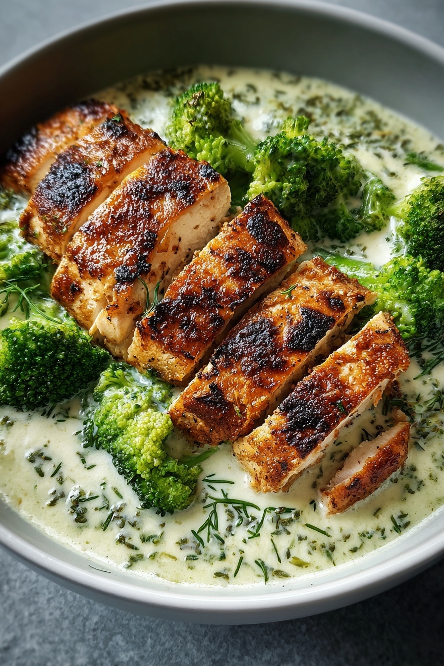 A bowl of grilled chicken and broccoli.