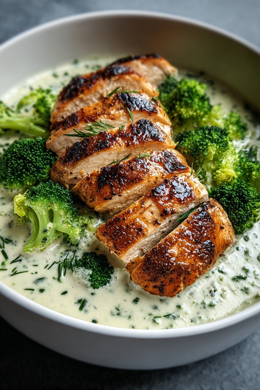 A bowl of grilled chicken and broccoli.