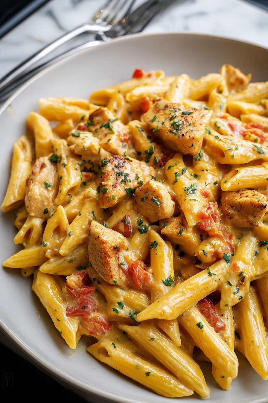 A plate of pasta with chicken and tomatoes.