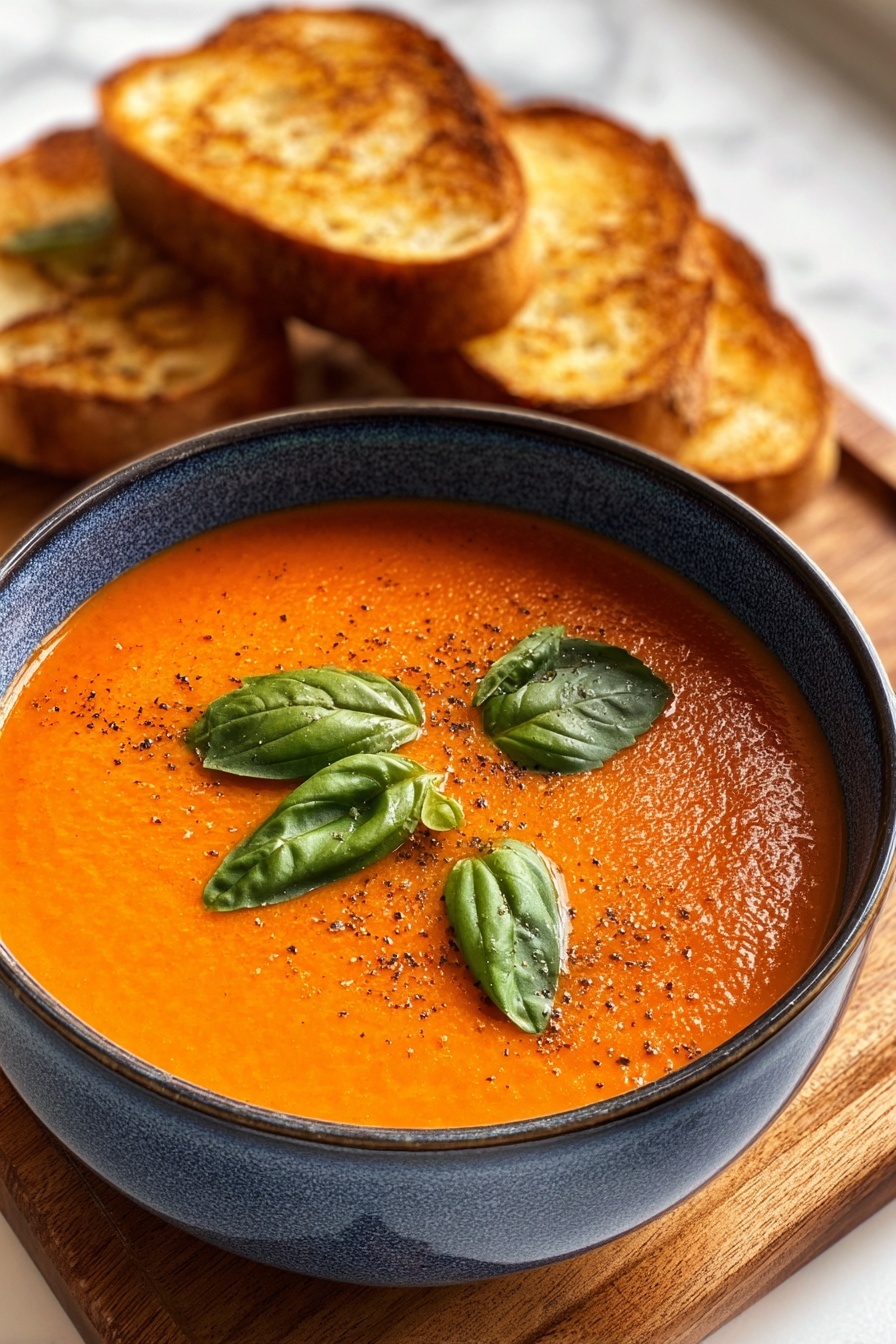 A bowl of soup with basil leaves on top.