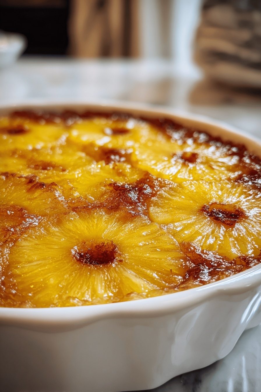 A close up of a pineapple casserole.