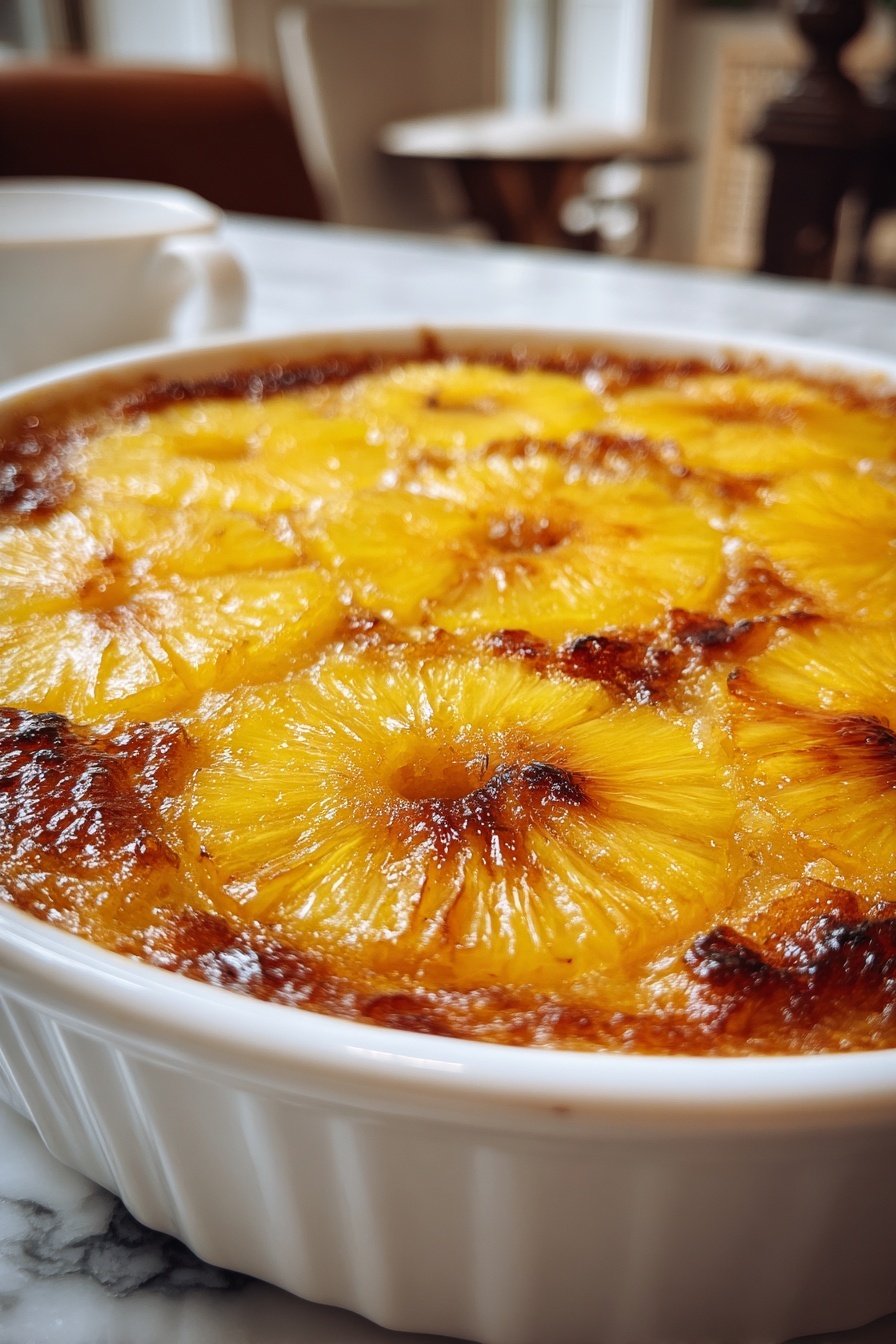 A close up of a pineapple casserole.