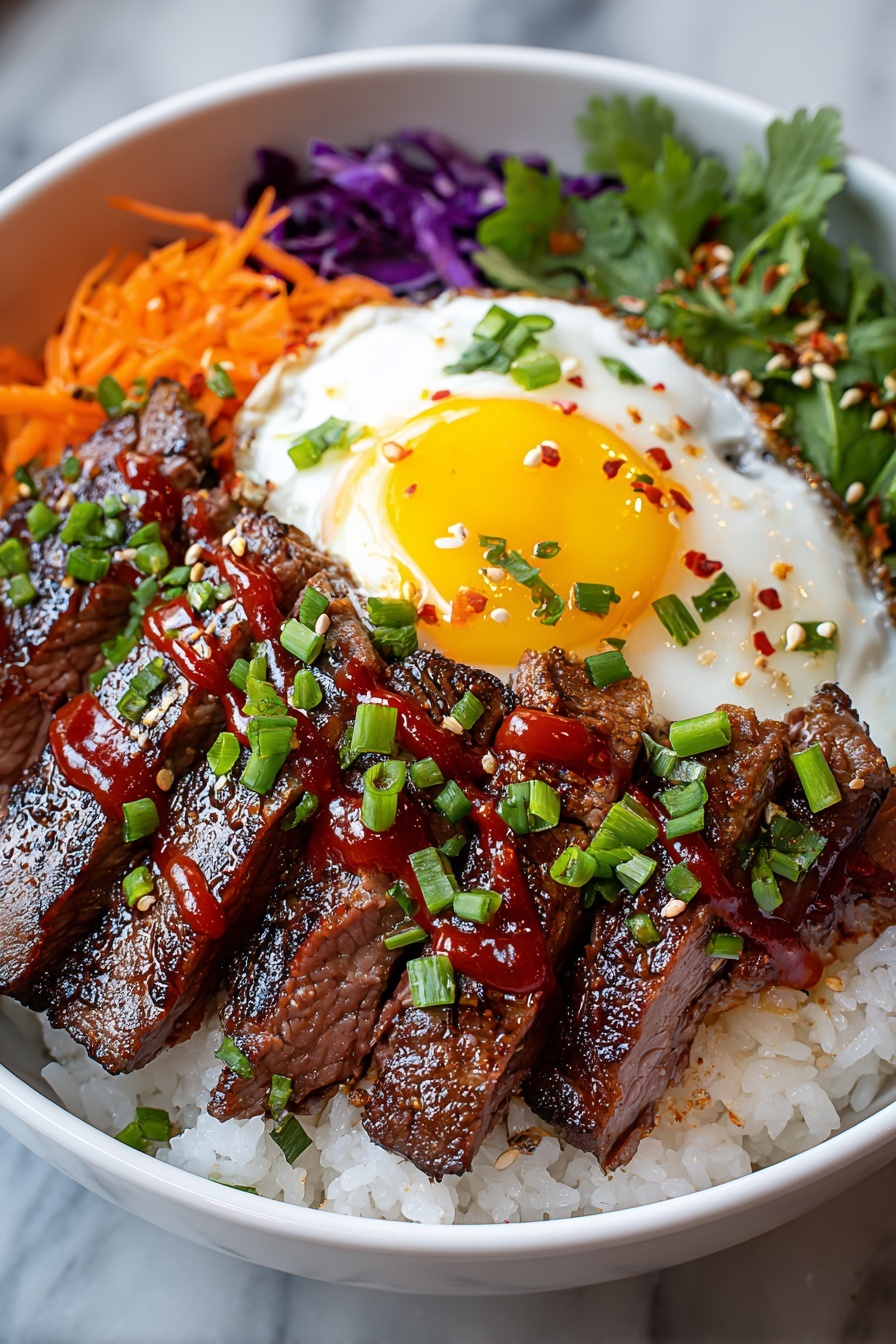 A close up of a delicious Korean BBQ steak rice bowl.