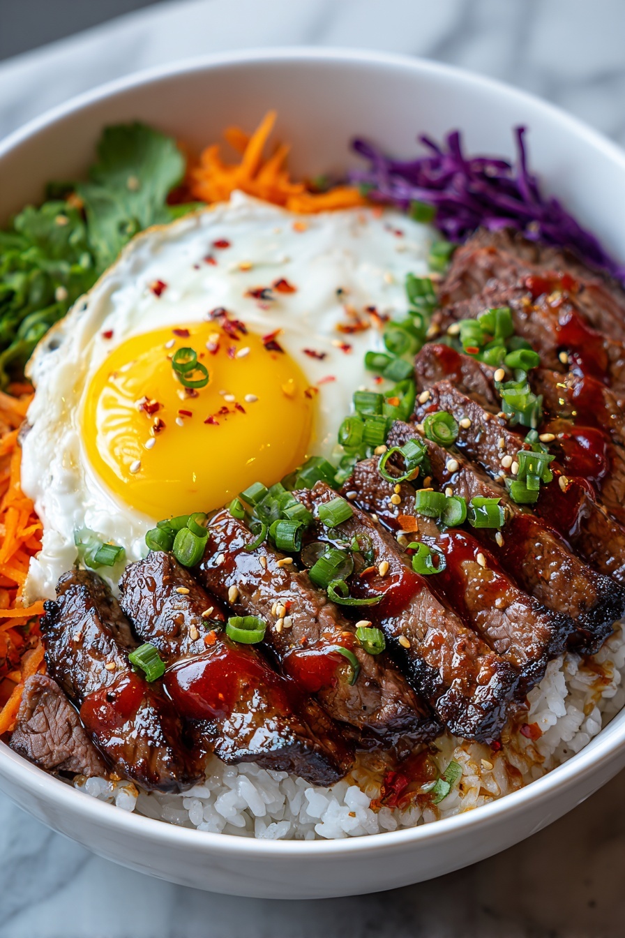 A close up of a delicious Korean BBQ steak rice bowl.