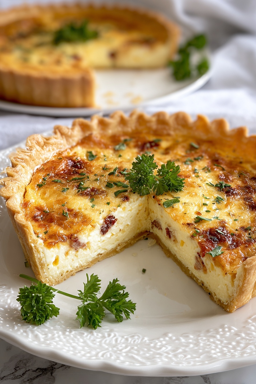 A slice of quiche lorraine on a plate.