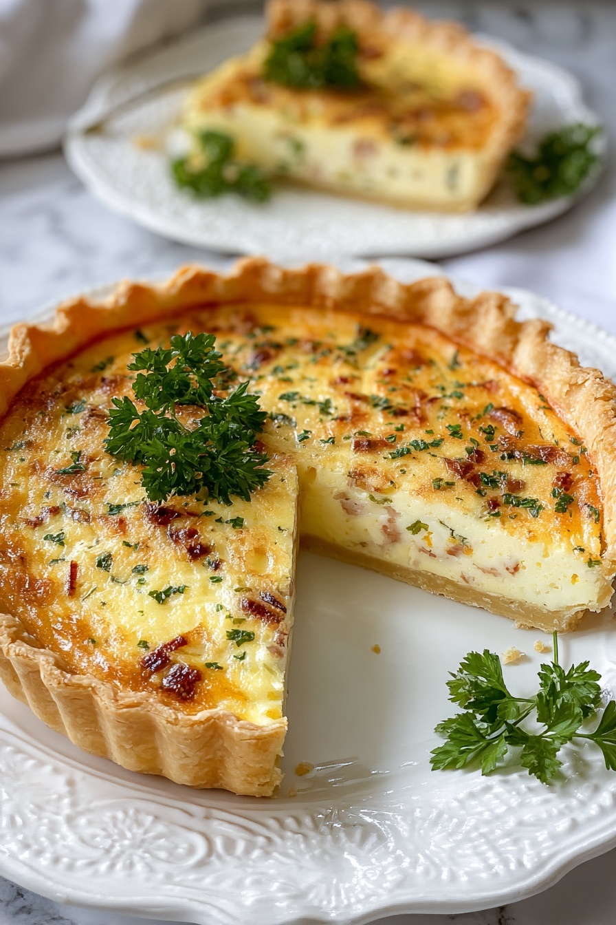 A slice of quiche lorraine on a white plate.