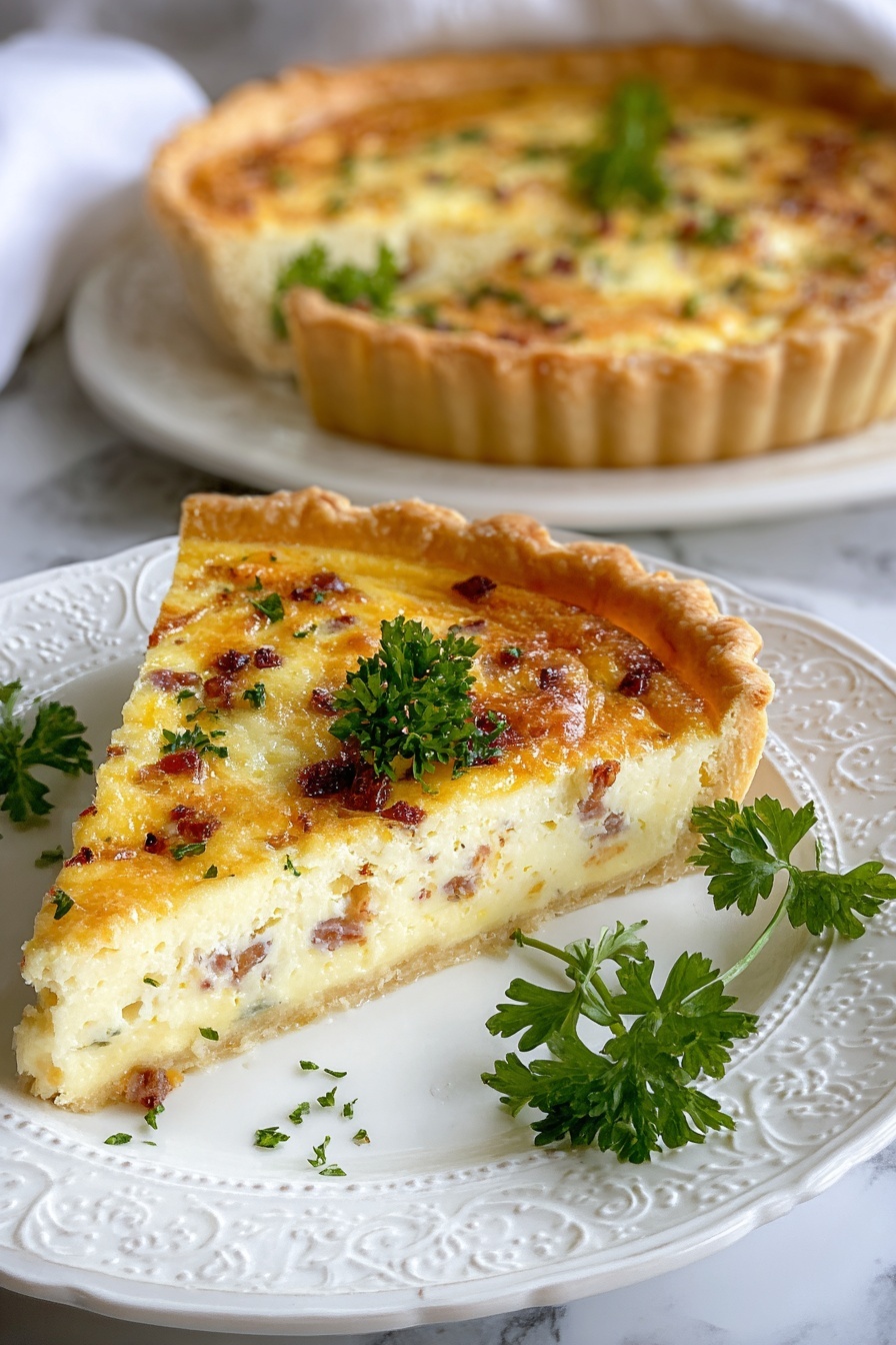 A slice of quiche lorraine on a white plate.