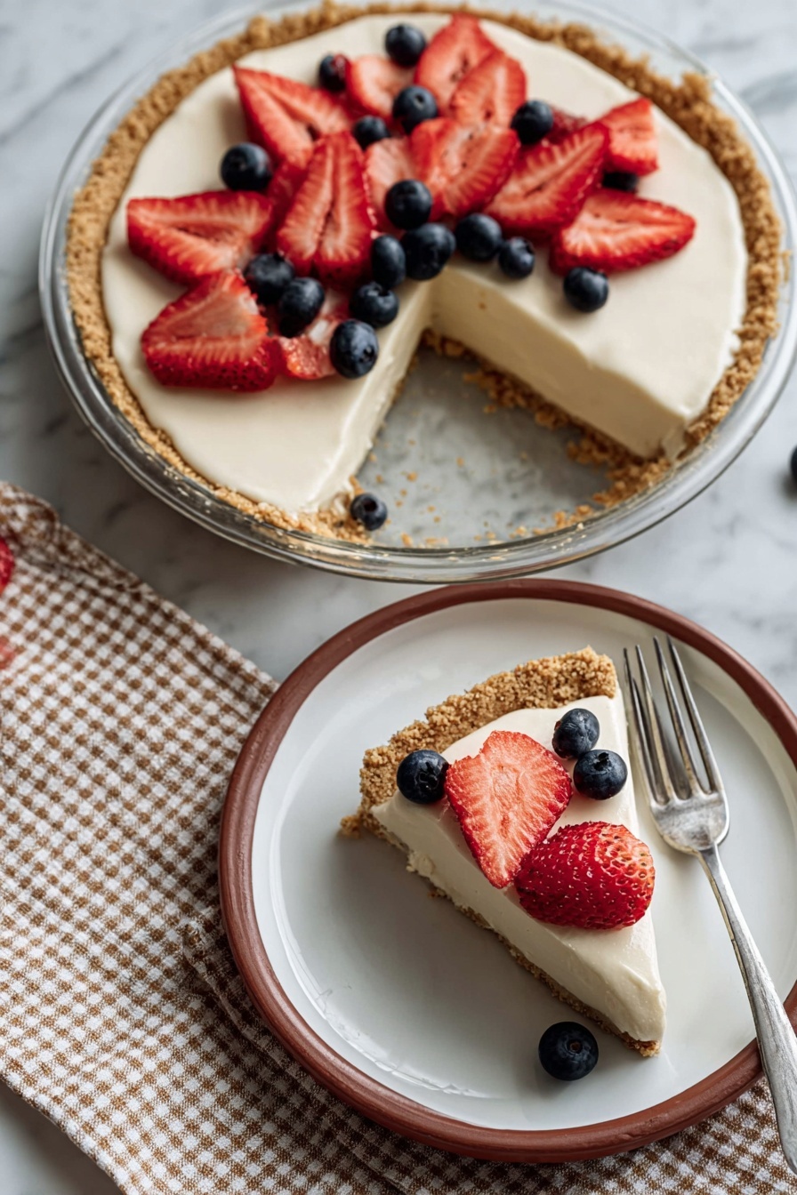 A slice of pie with strawberries and blueberries on top.