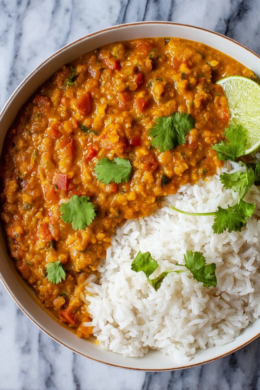 A bowl of red lentil curry with rice on the side.