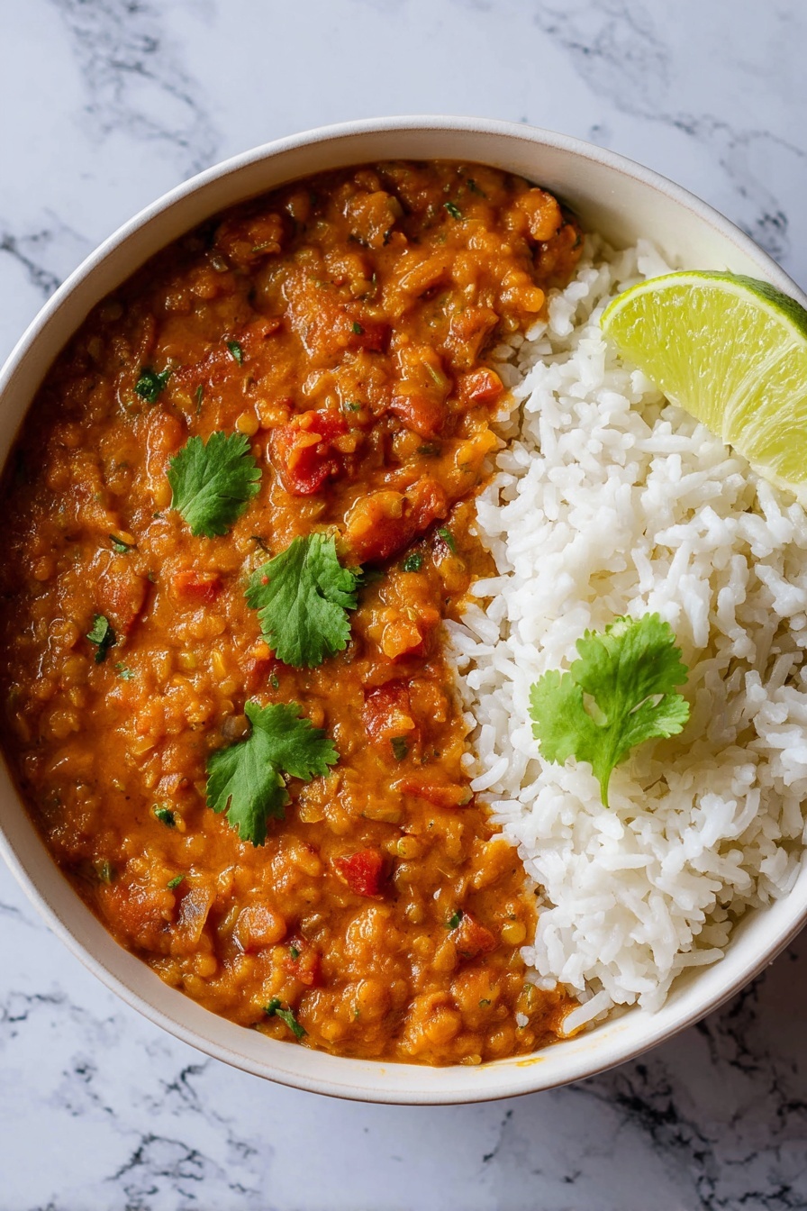 A bowl of red lentil curry with rice.