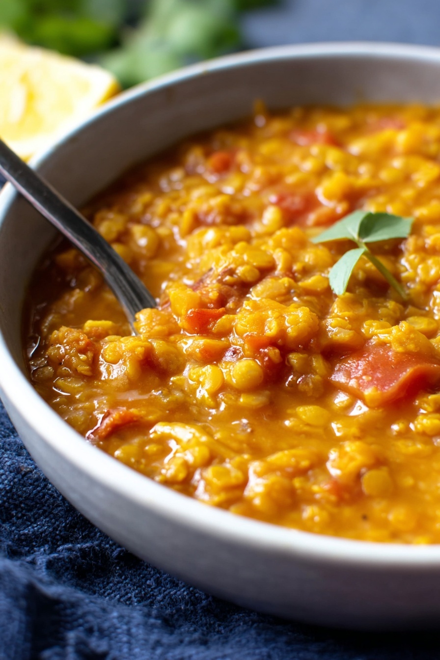 A bowl of soup with a spoon in it.