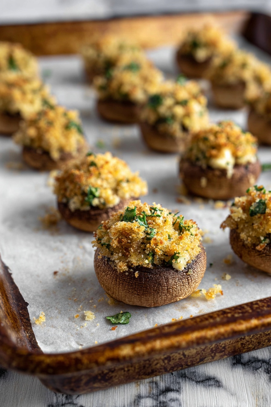 Vegan stuffed mushrooms with cheese and crispy bacon bits.