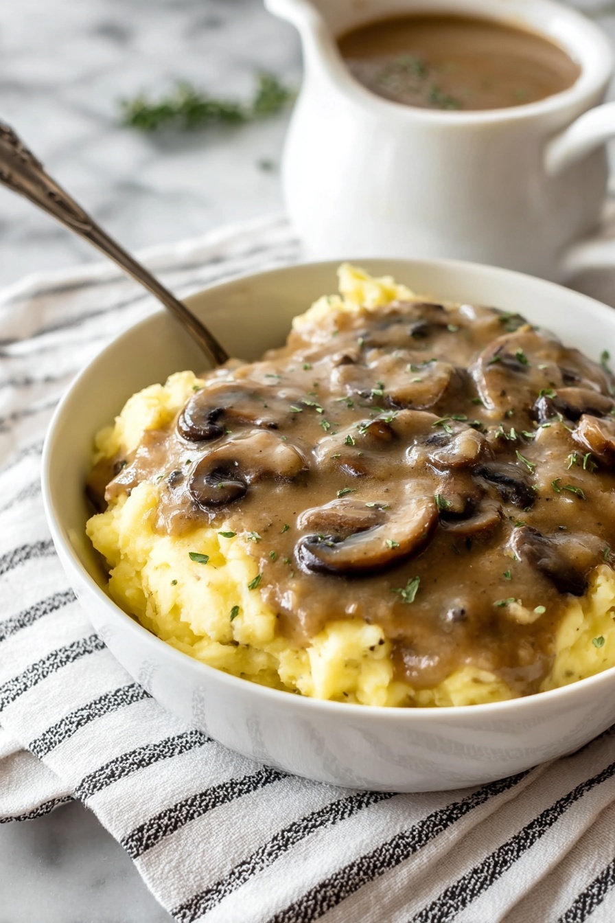 A bowl of mushroom gravy with a spoon in it.