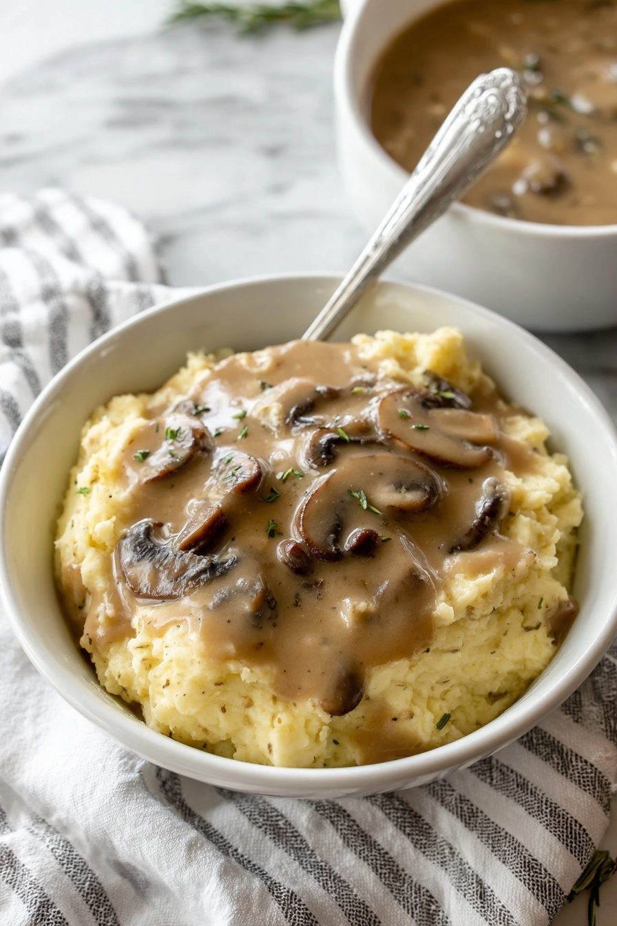 A bowl of mushroom gravy with a spoon in it.
