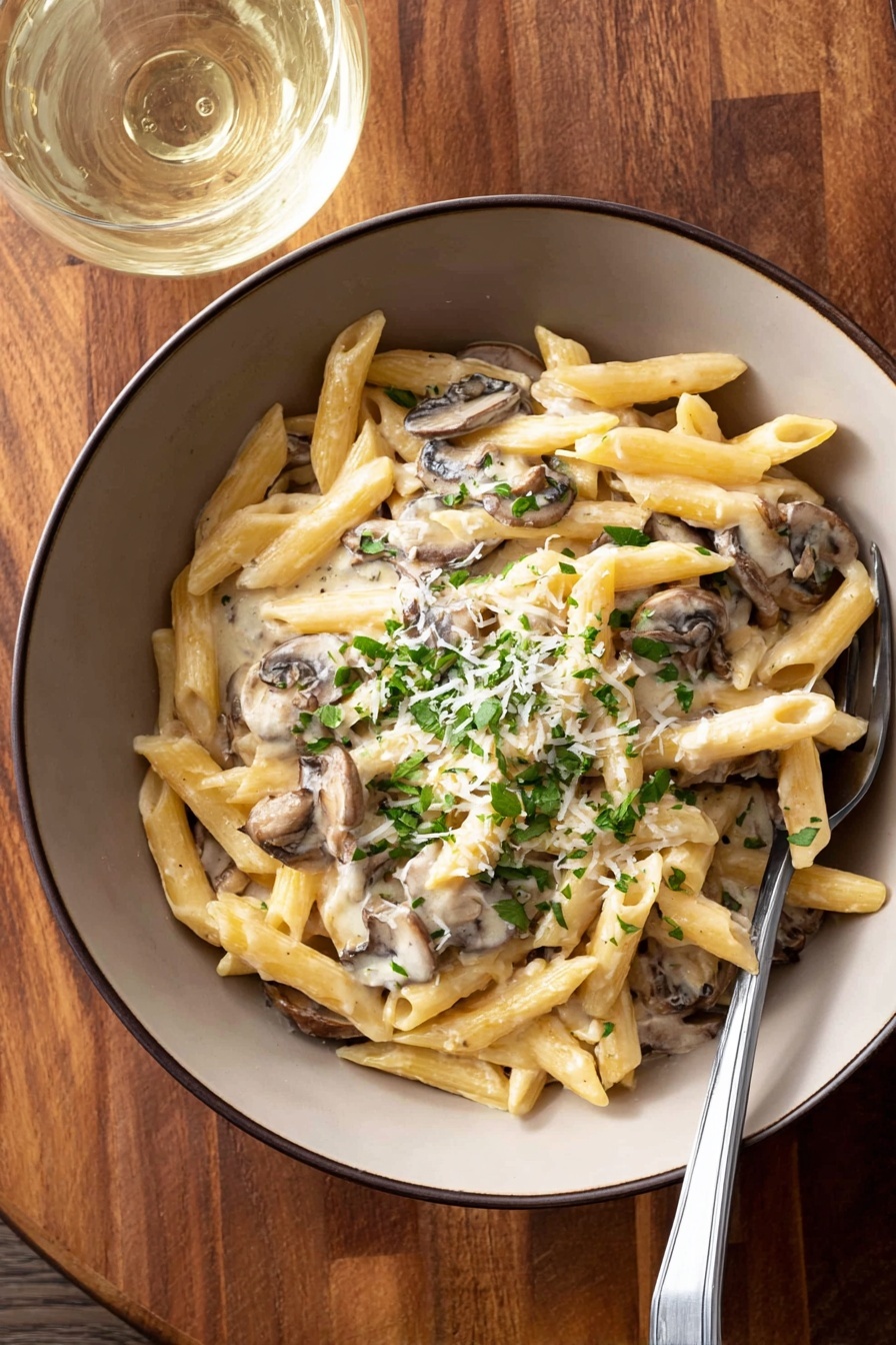 A bowl of pasta with mushrooms and cheese.