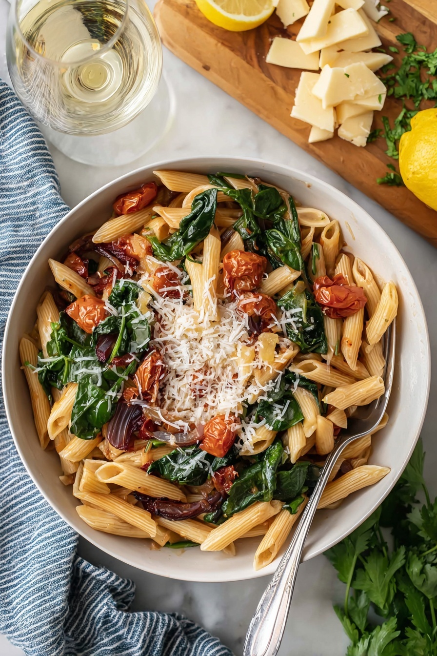 A bowl of pasta fresca with tomatoes, spinach, and cheese.