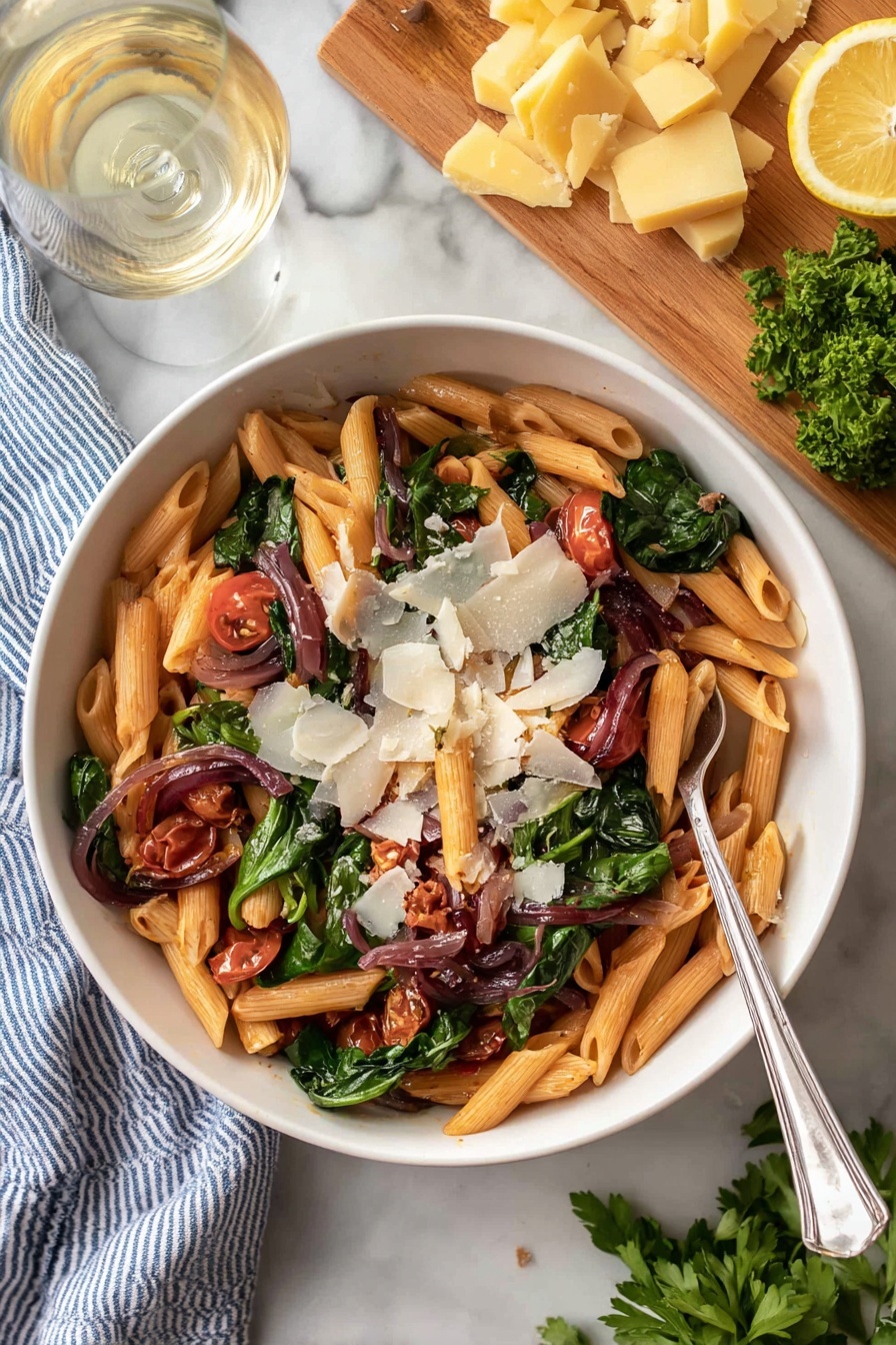 A bowl of pasta with tomatoes and spinach.