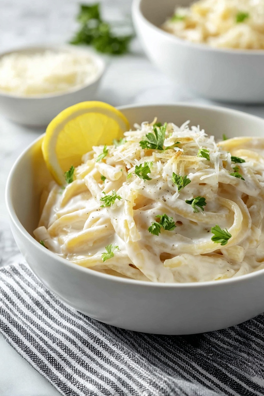 A bowl of pasta with lemon and herbs.