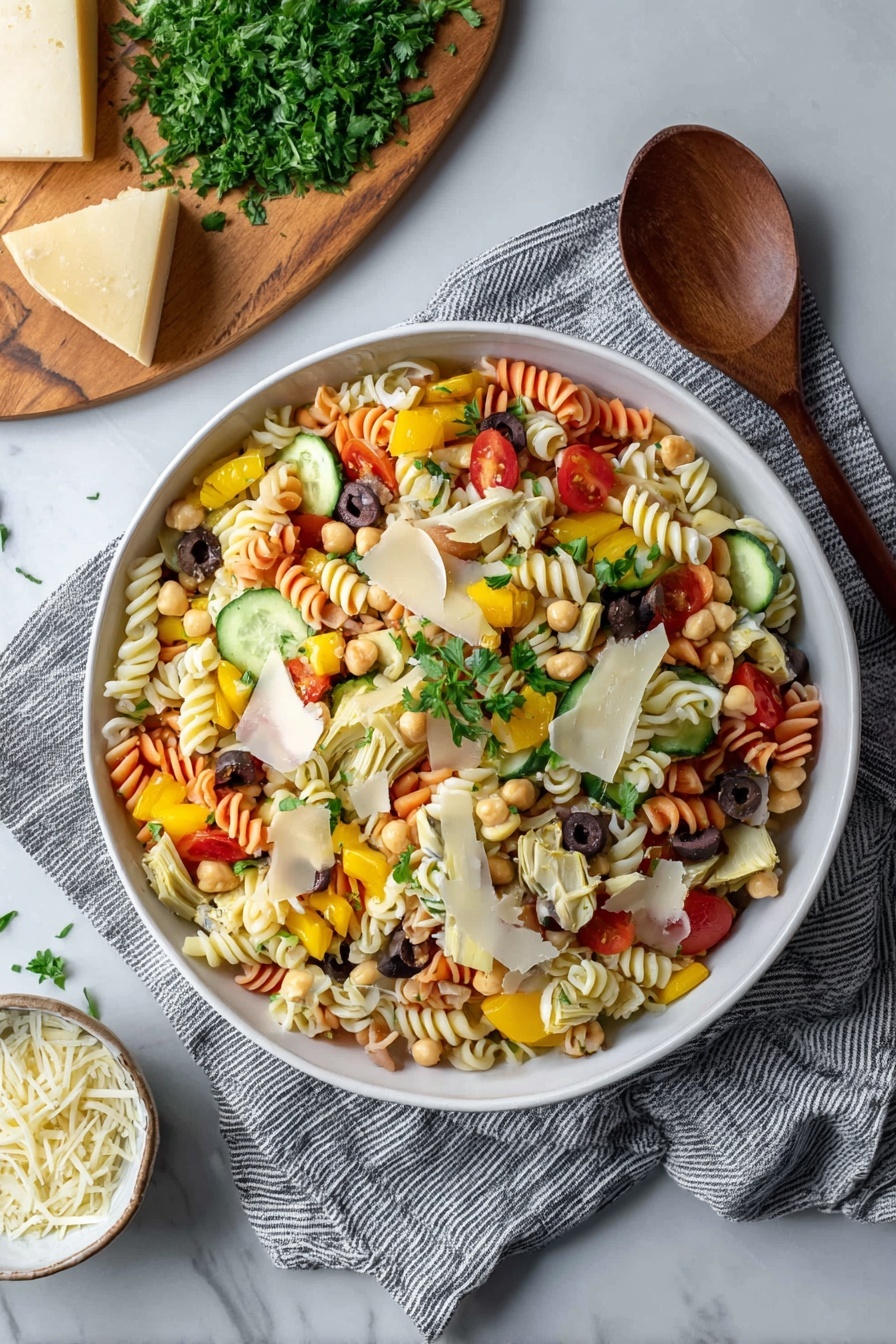 A bowl of pasta salad with veggies and cheese.