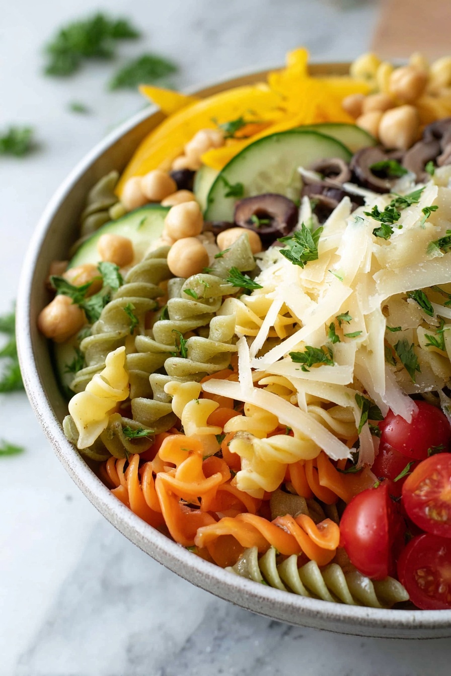 A bowl of pasta with various vegetables.