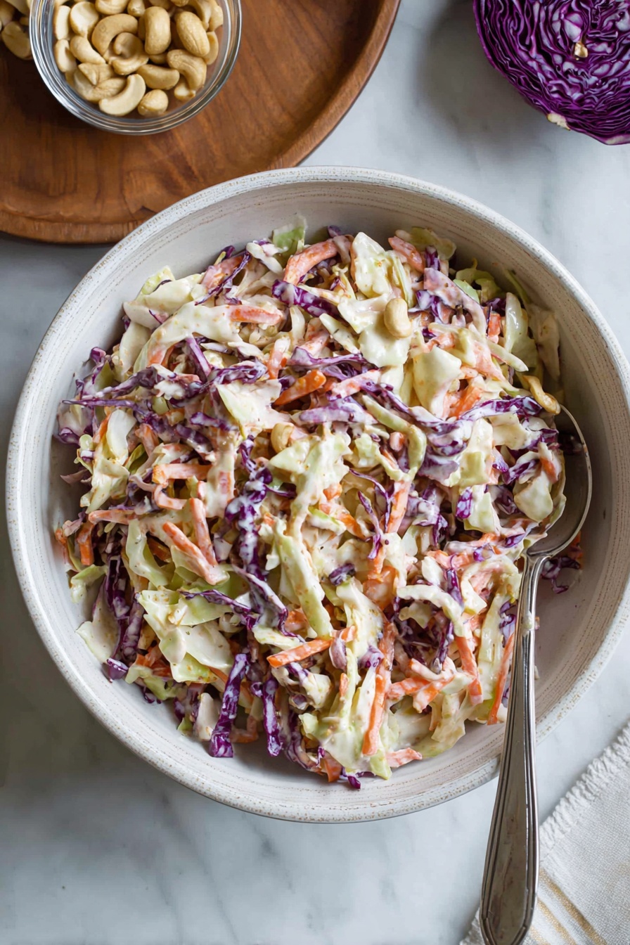 A bowl of coleslaw with a spoon in it.