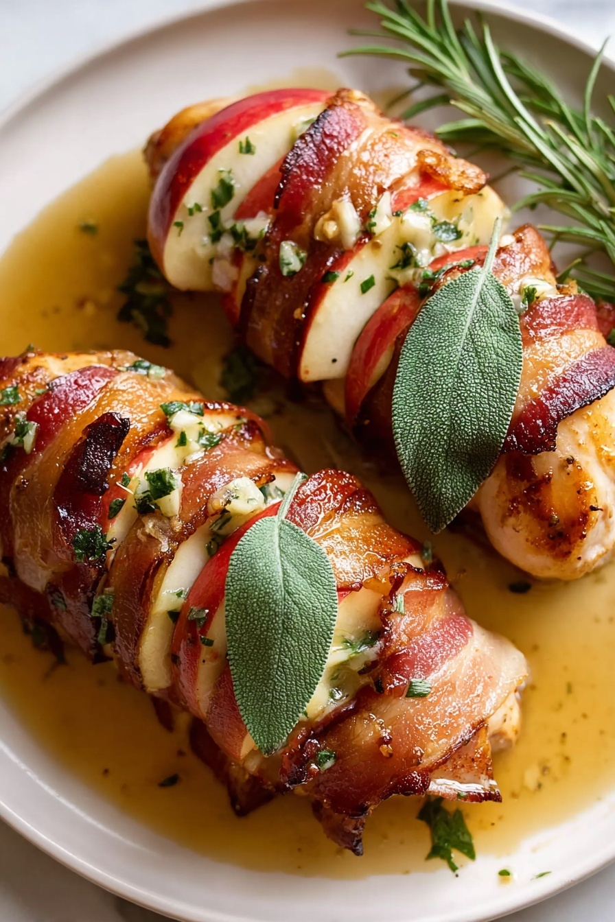 A plate of food with chicken wrapped in bacon and sage.