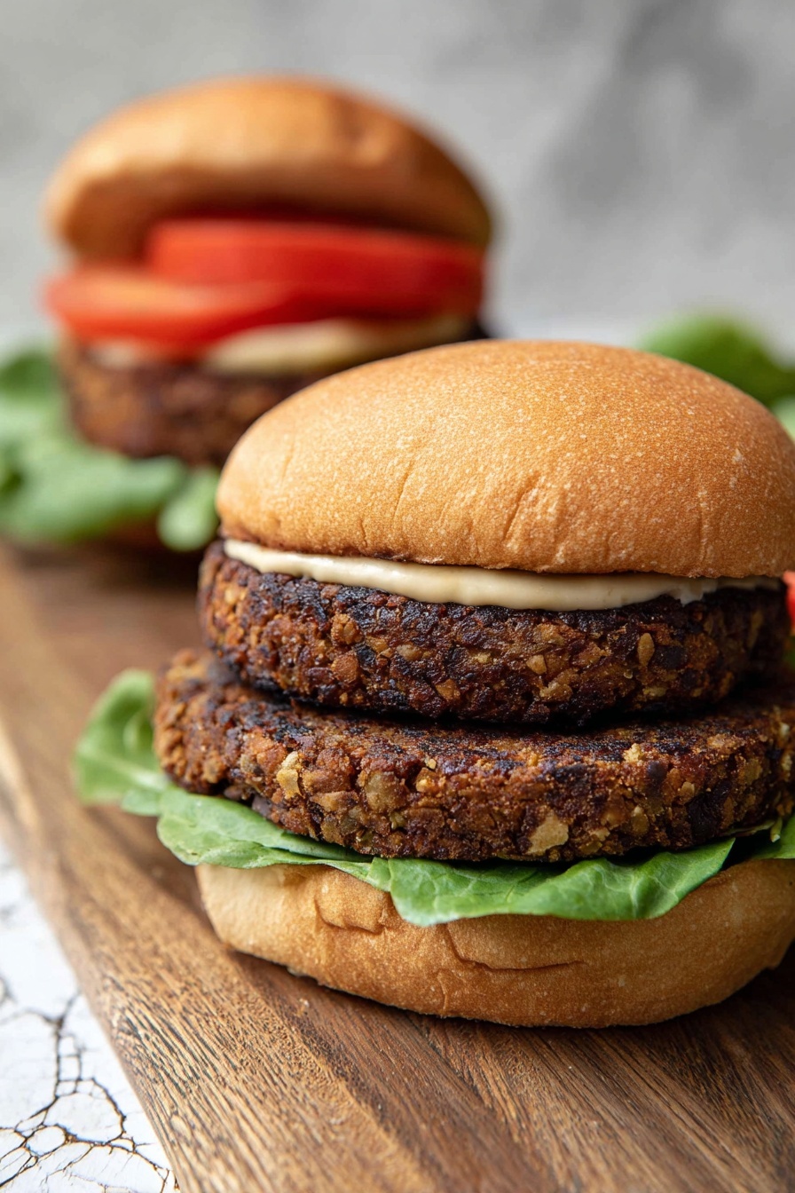 Two mushroom veggie burgers on a wooden table.