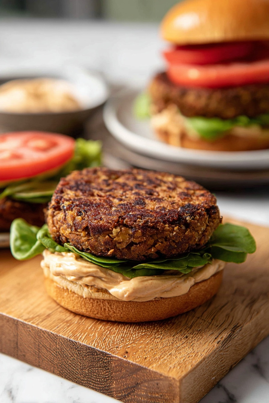 A mushroom veggie burger on a bun.