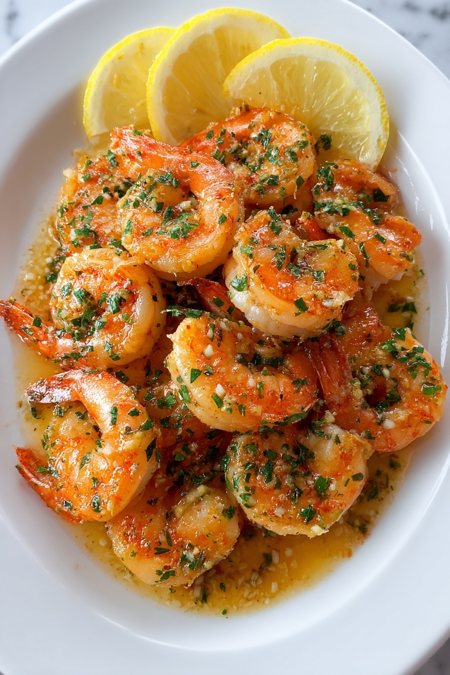 A plate of shrimp with garlic butter.
