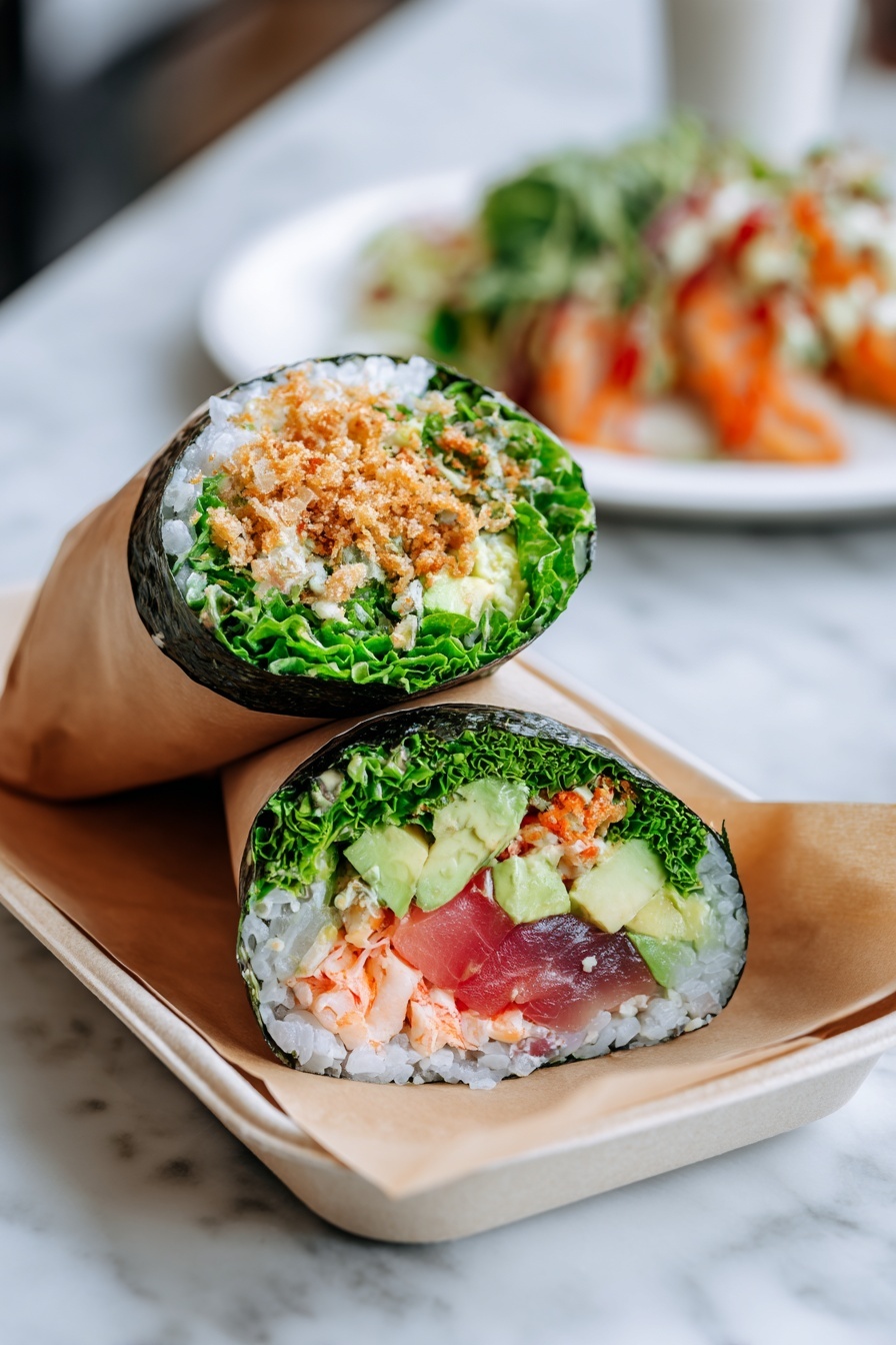 A sushi burrito with rice, avocado, and salad.
