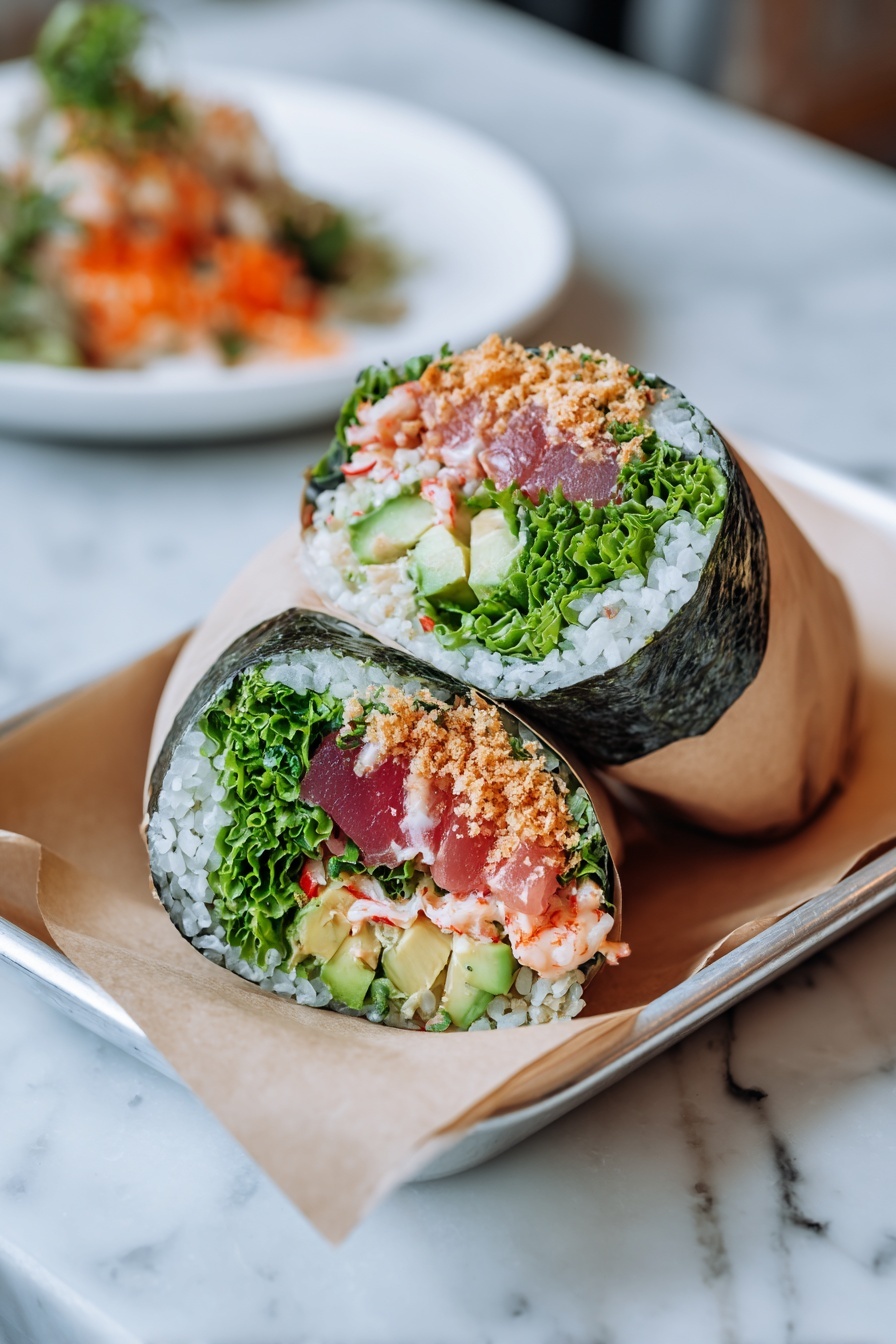 A sushi burrito with rice, avocado, and salad.