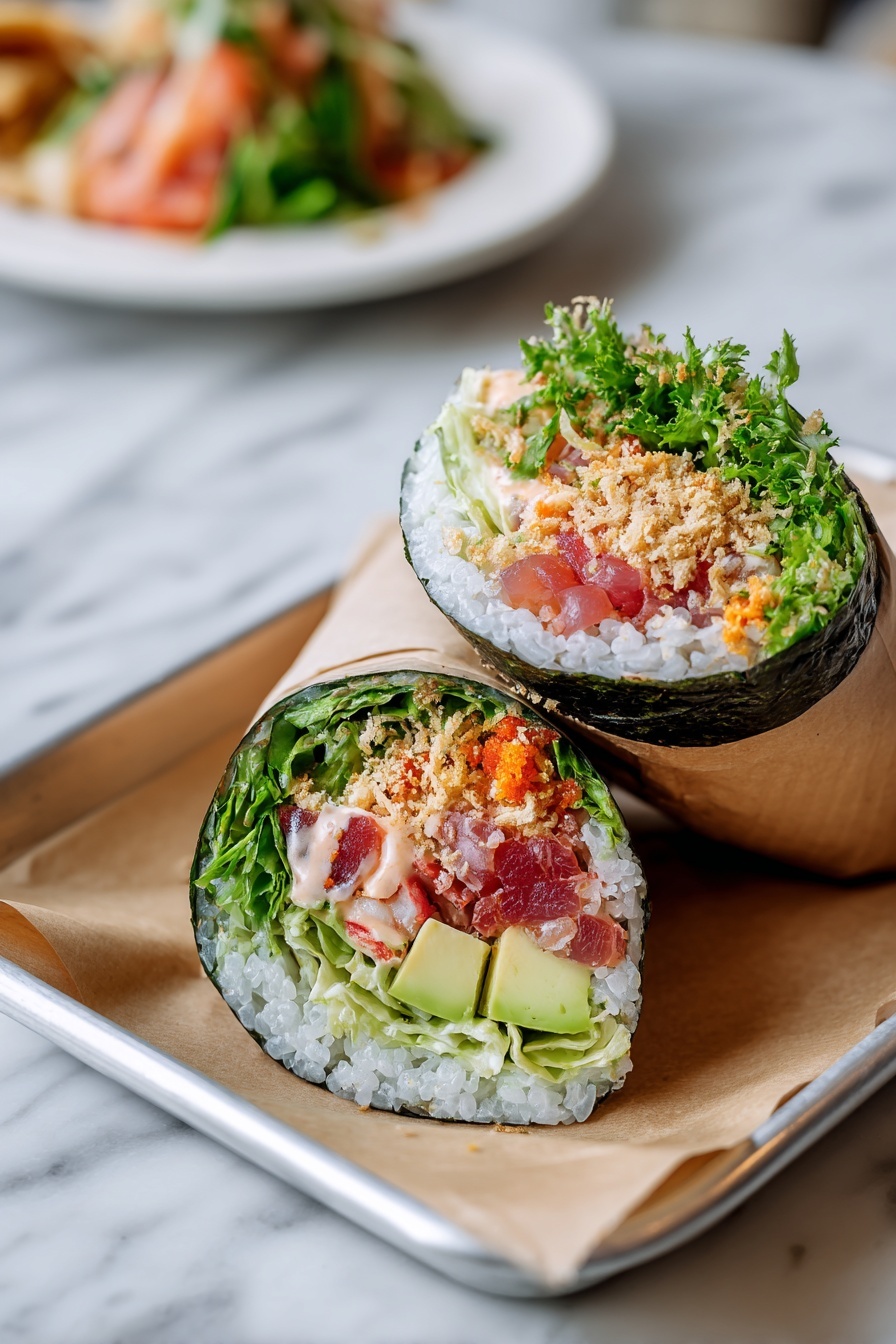 Two sushi burritos with rice and vegetables.
