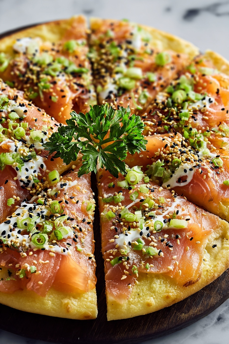 A slice of sushi pizza with sesame seeds on top.