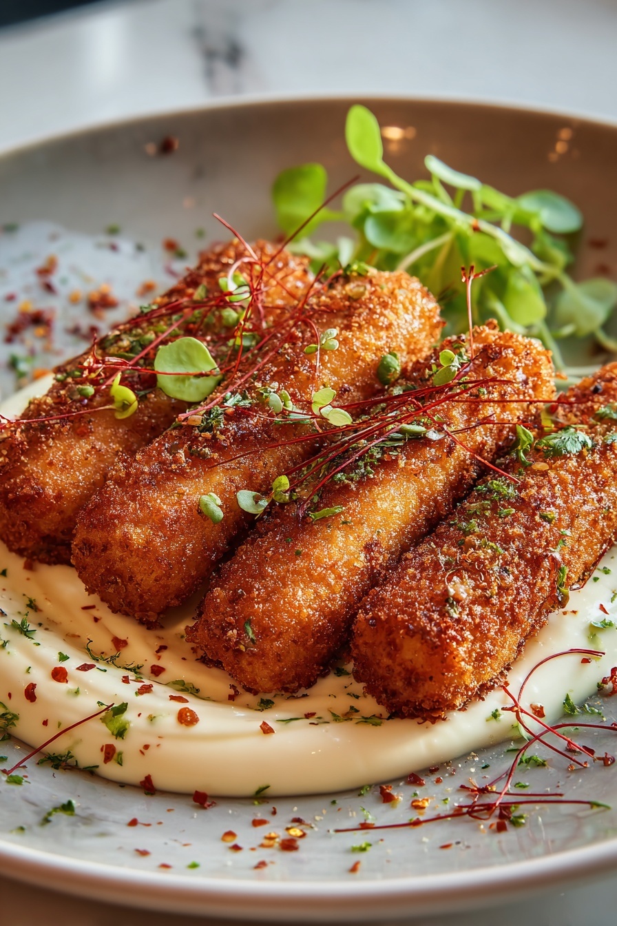 Crispy Hungarian potato cheese sticks on a plate.