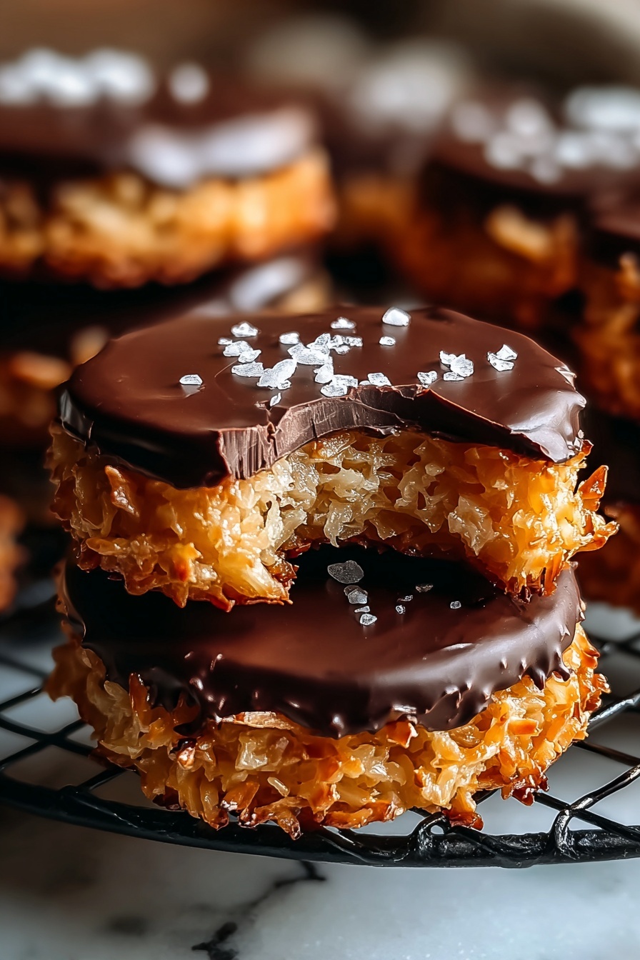 A close up of a chocolate covered, sugar sprinkled, homemade Samoa.