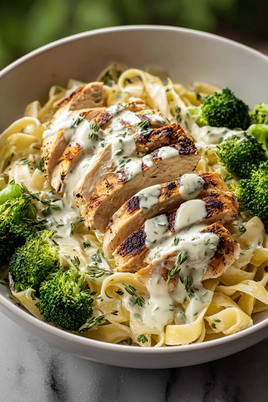Grilled chicken Alfredo with fresh broccoli.