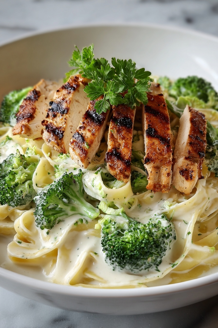Grilled chicken Alfredo with fresh broccoli.