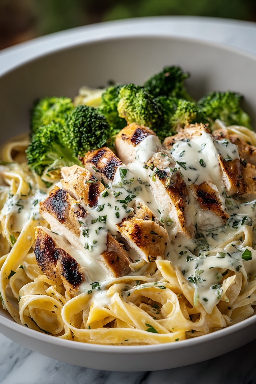 Grilled chicken Alfredo with fresh broccoli.