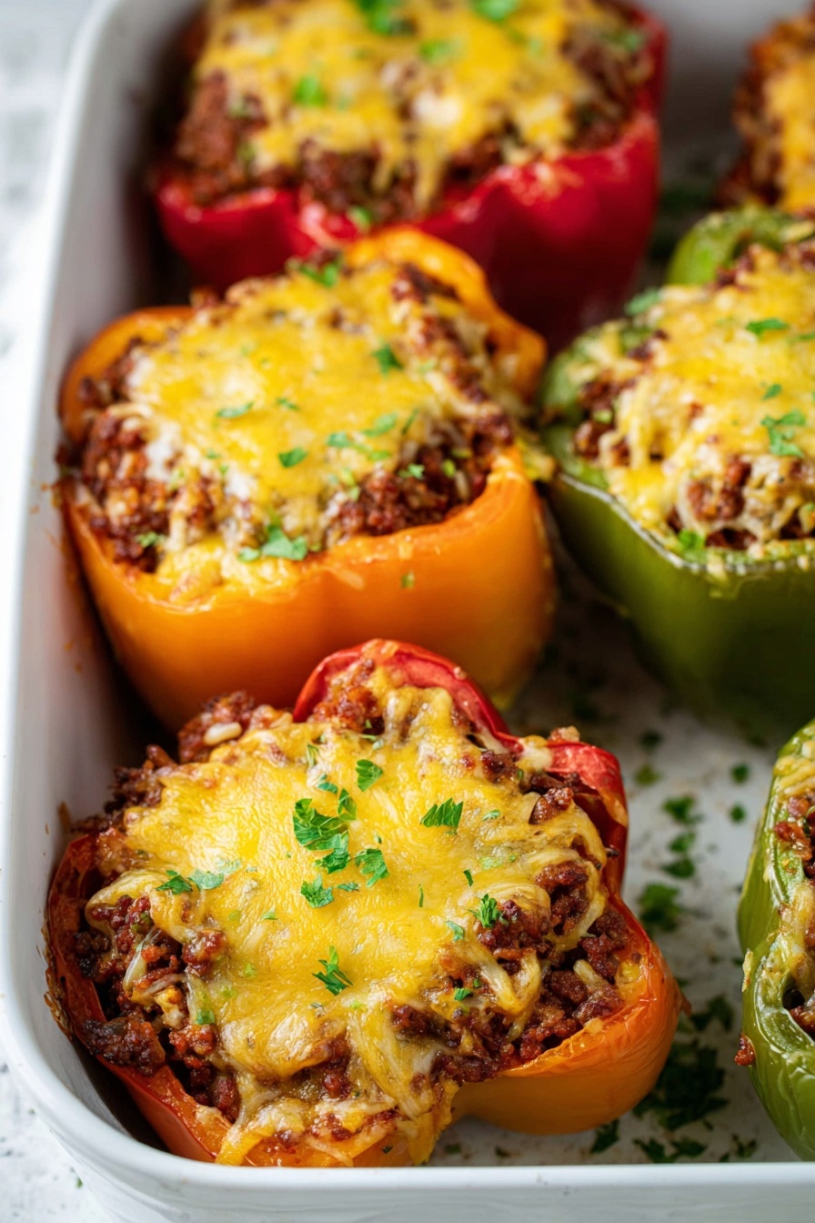 A dish of stuffed peppers with cheese and other ingredients.