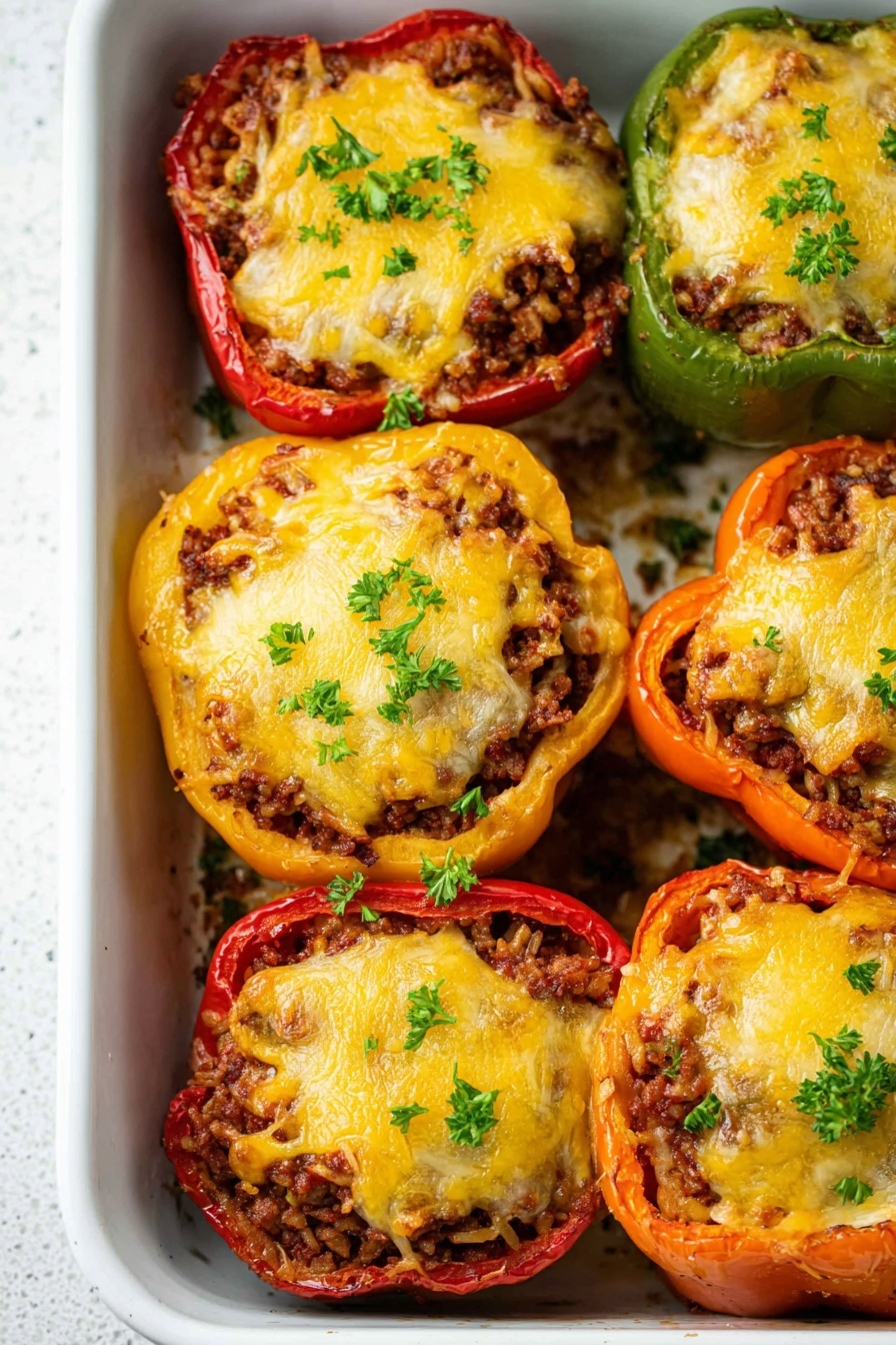 A dish of stuffed peppers with cheese and herbs.