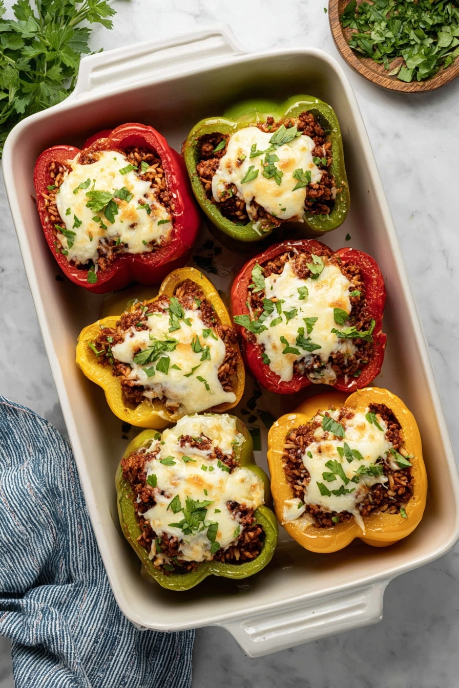 A dish of stuffed peppers with cheese and herbs.