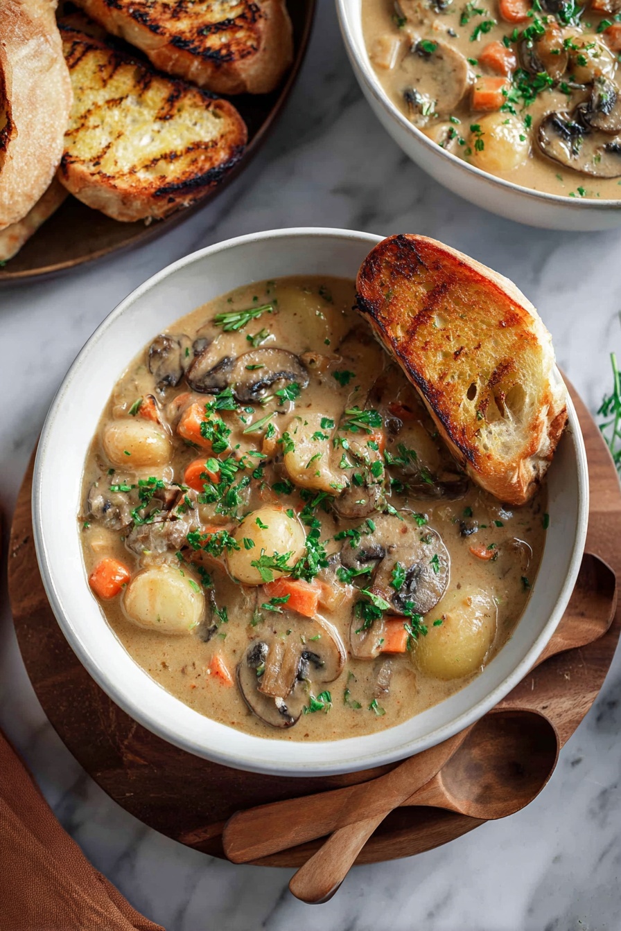 A bowl of creamy vegan mushroom stew with a slice of bread on the side.