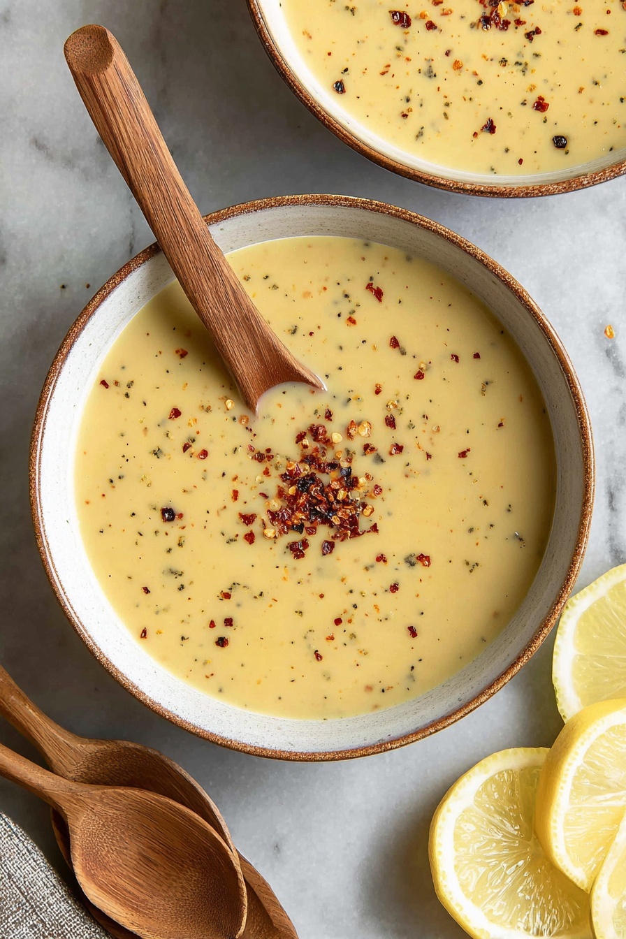 A wooden spoon is in a bowl of soup.