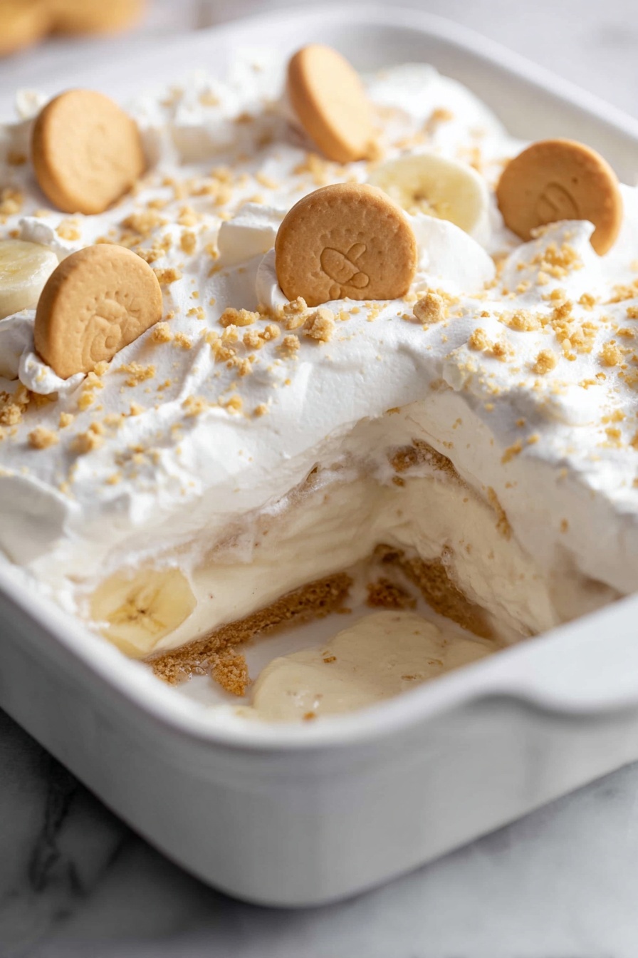 A close up of a banana pudding with cookies on top.