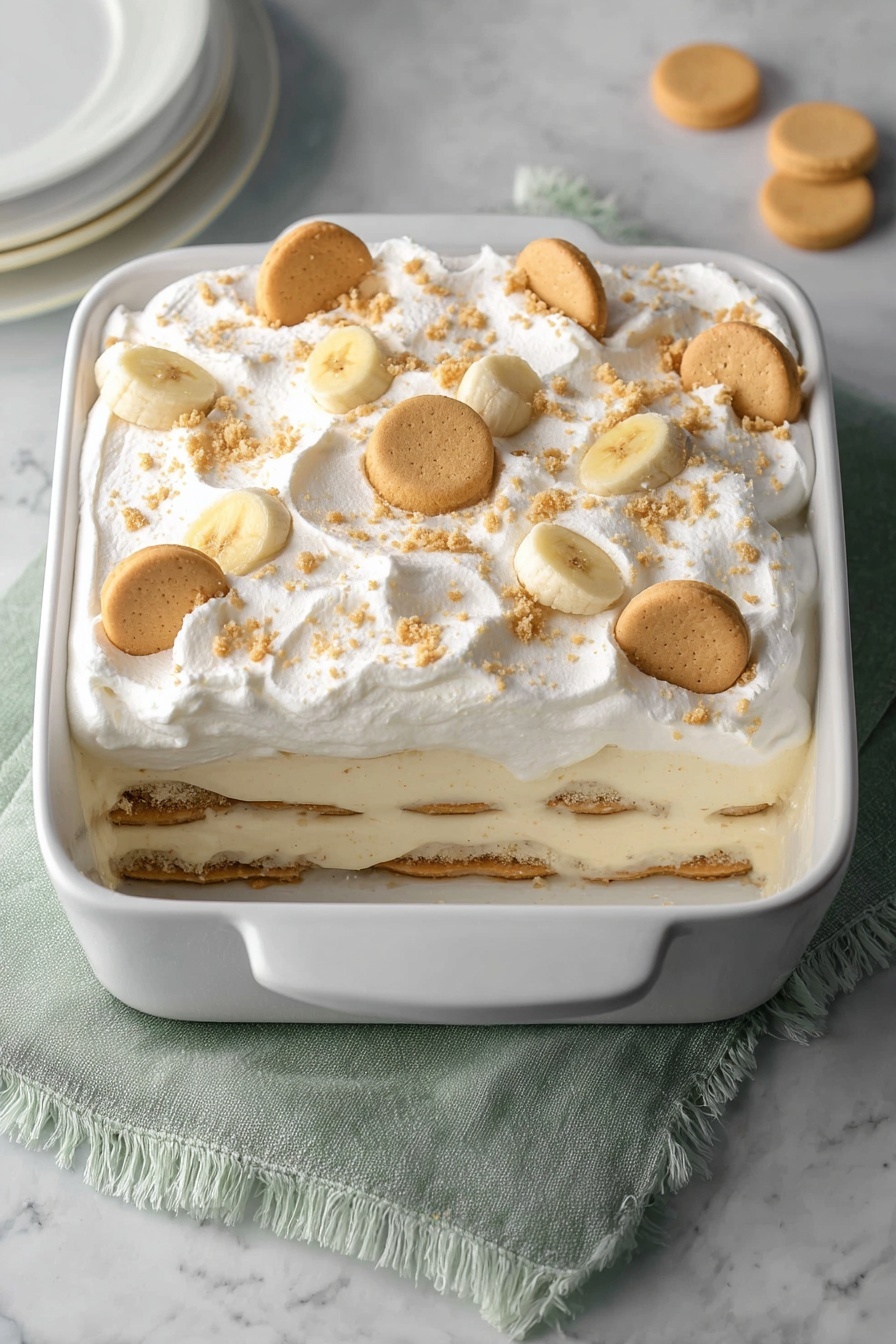 A vegan banana pudding with cookies on top.