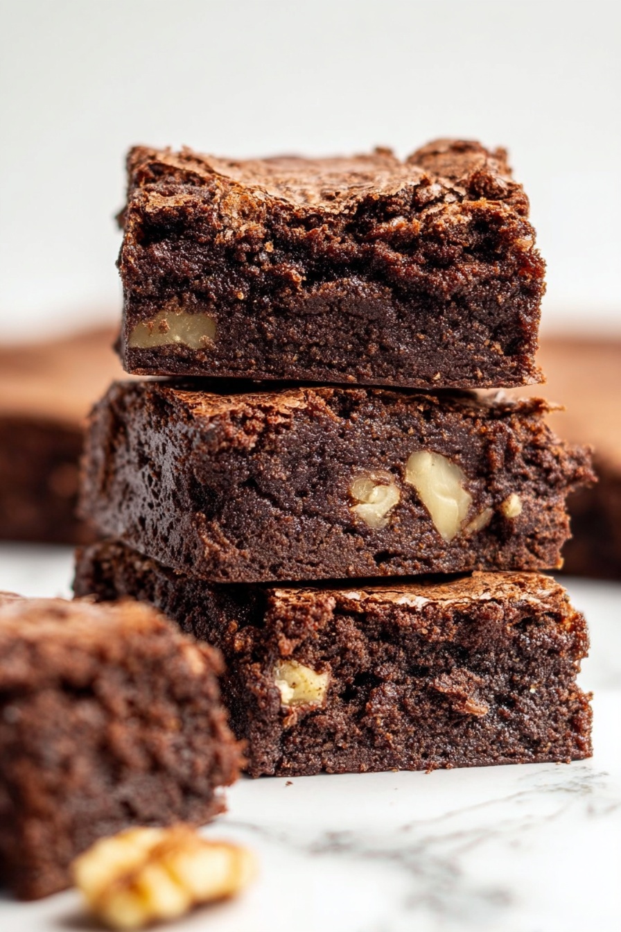 Three slices of vegan peanut butter brownies.