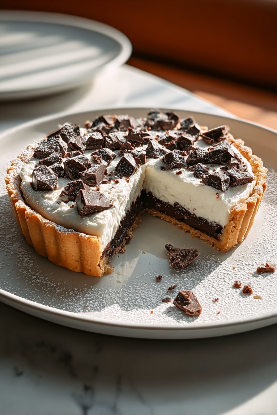 A slice of chocolate chip cannoli pie.